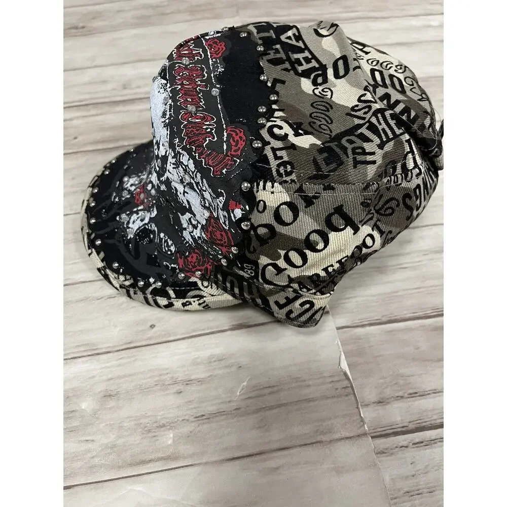 Alex Hat Mens Skull Cap Black Beaded Embroidered Adjustable Camo A11